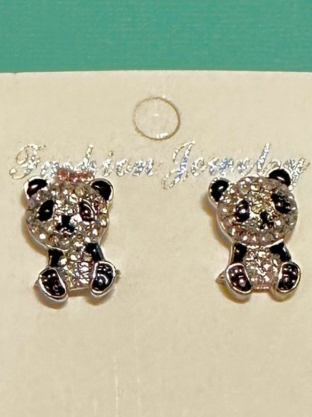 Panda Stud Earrings - Silver Tone with Black Enamel
